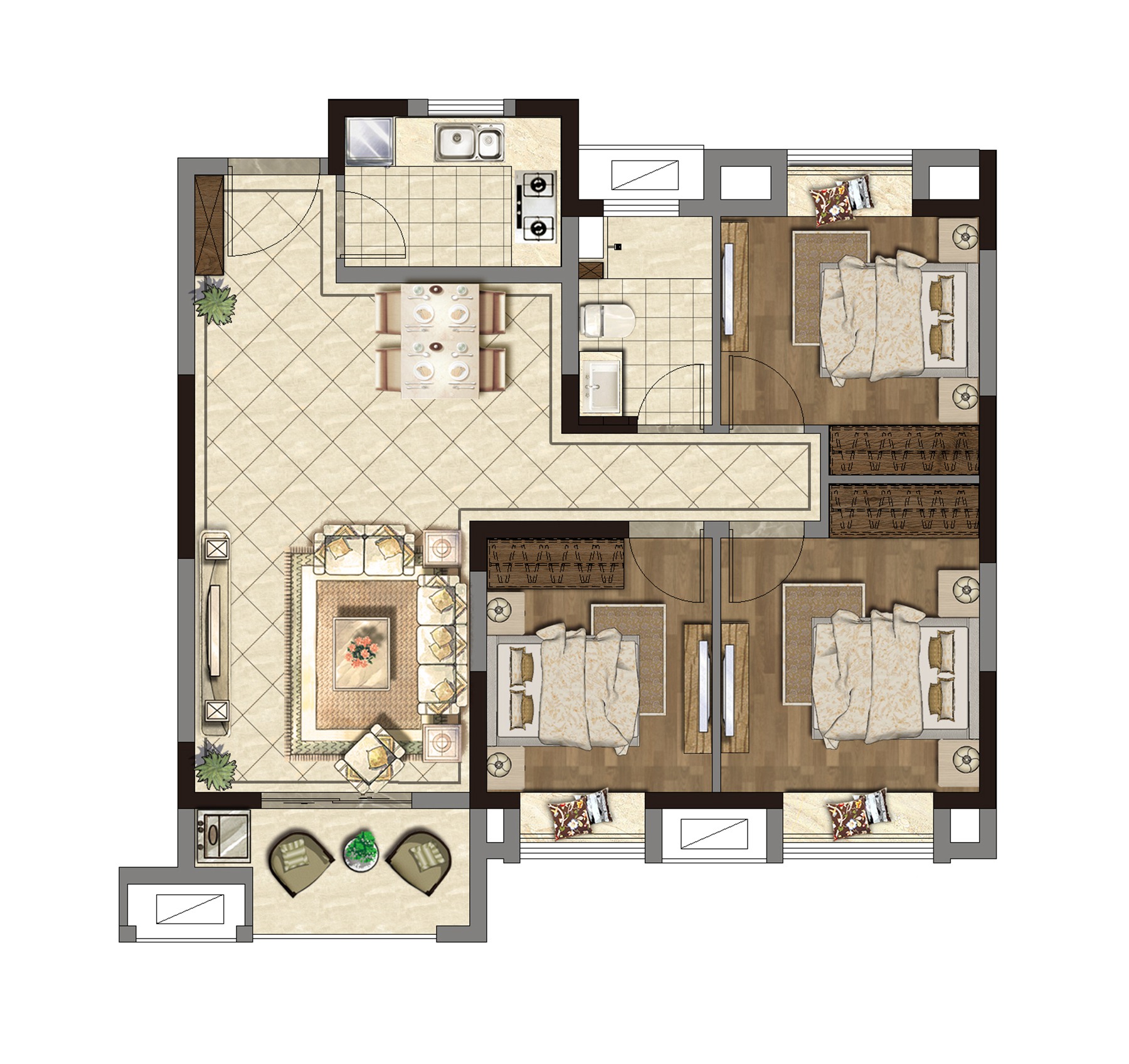 优澜  A户型 建面约95㎡ 三房两厅一卫